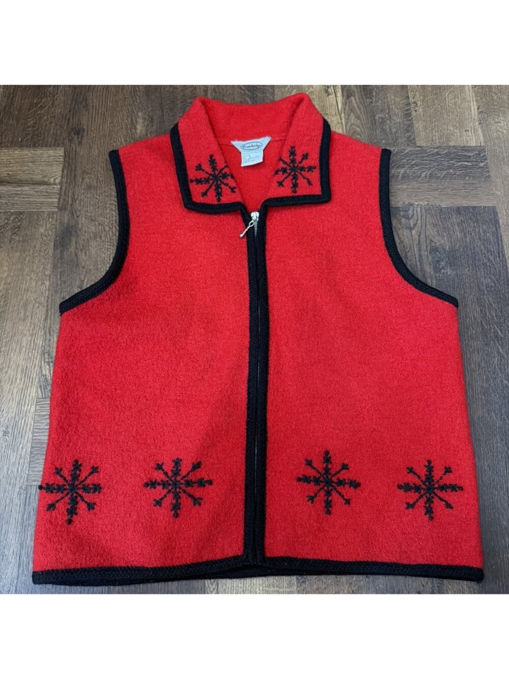 Vtg Stonebridge 100% Boiled Wool Snowflakes S Zip Front Vest Red Holiday